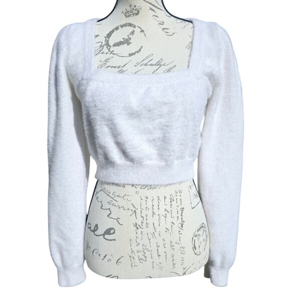 Kourt Statement Squareneck Crop Sweater White Fuzzy Women's Medium - Picture 1 of 8